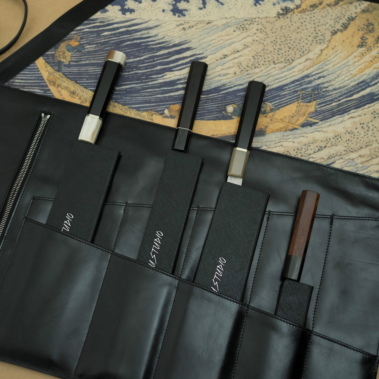 Leather Knife Roll Hokusai Theme 10 Slot by Jiu Studio