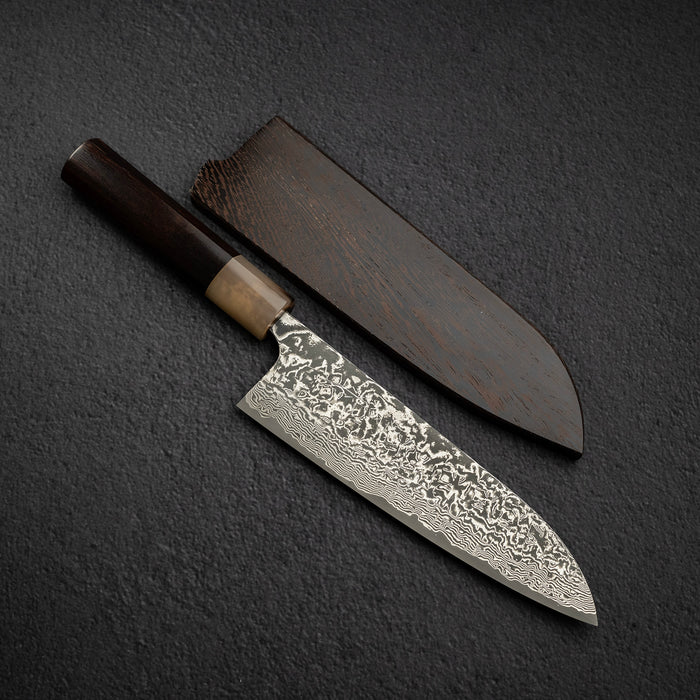 From Takeshi Saji: an SG2 black damascus santoku 180 mm and a maki-e urushi VG10W gyuto 240 mm, each with its saya.