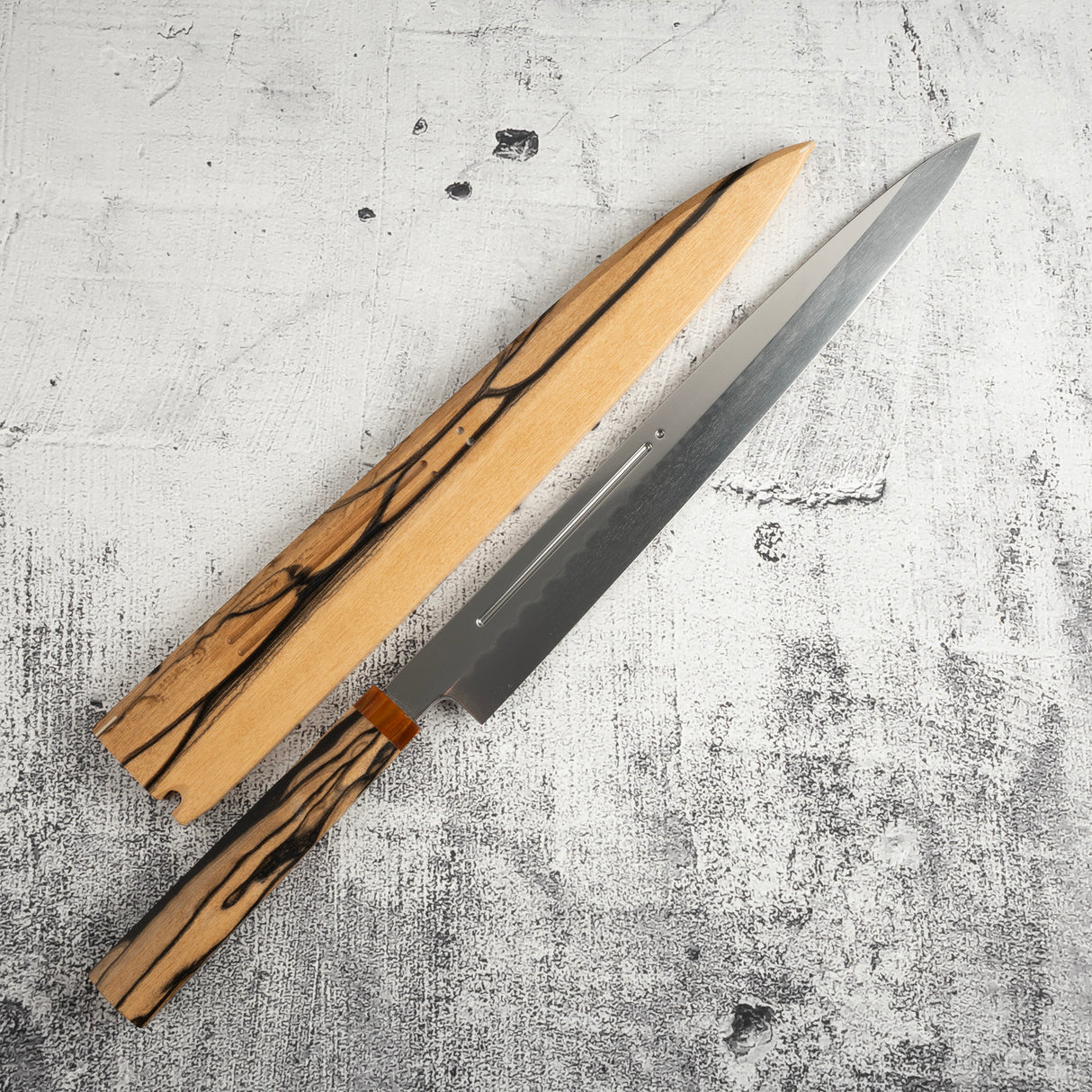 Exotic: Yoshikazu Ikeda Blue #1 Mizu-Honyaki Yanagiba 300mm with Blood Groove Black & White Ebony