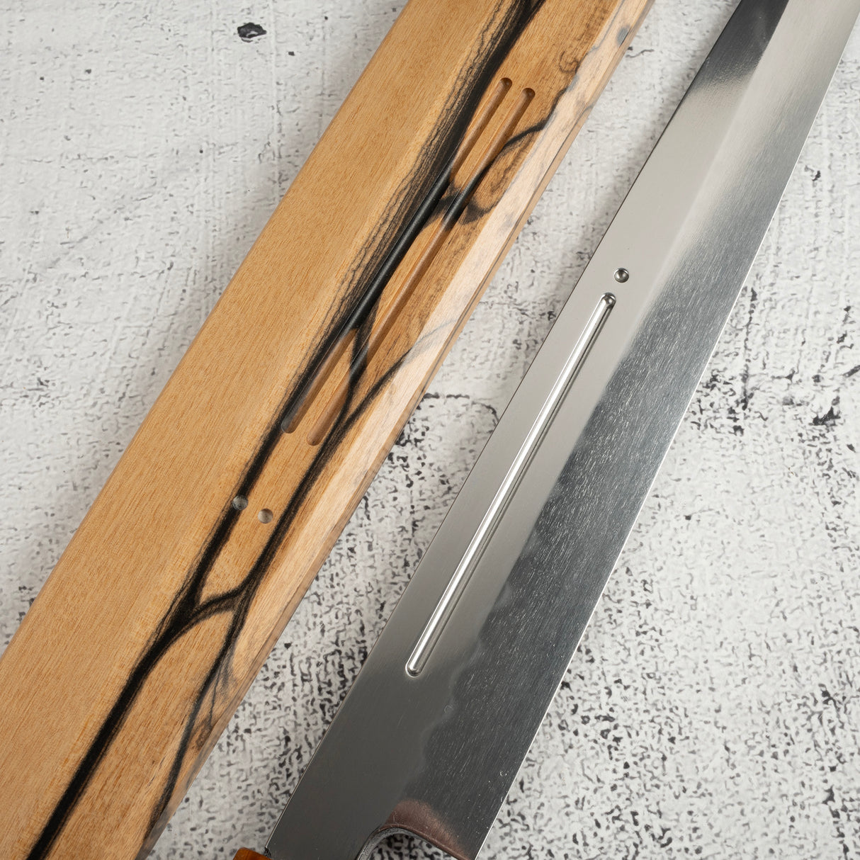 Exotic: Yoshikazu Ikeda Blue #1 Mizu-Honyaki Yanagiba 300mm with Blood Groove Black & White Ebony