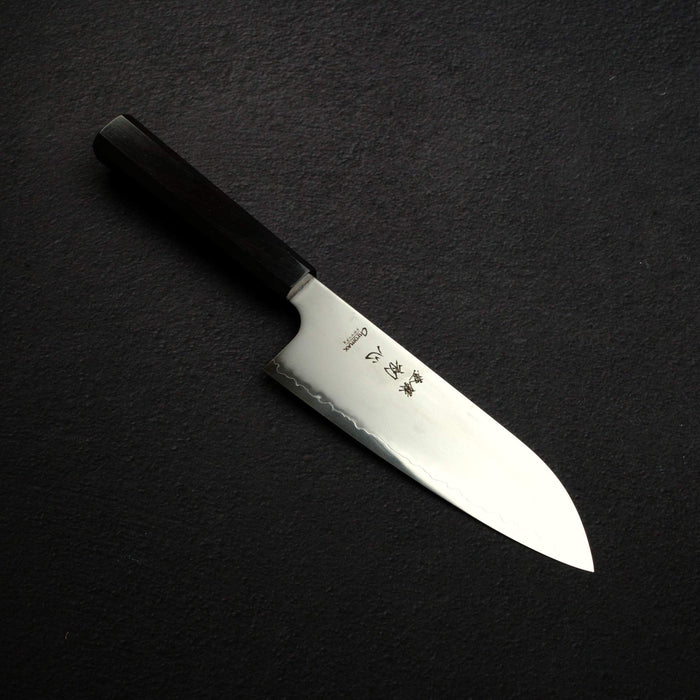 One line, two shapes: the Hatsukokoro Hayabusa Chromax santoku 170 mm and gyuto 210 mm. The santoku's spine drops to a low, rounded tip; the gyuto runs longer to a pointed tip. The photos are not to the same scale.