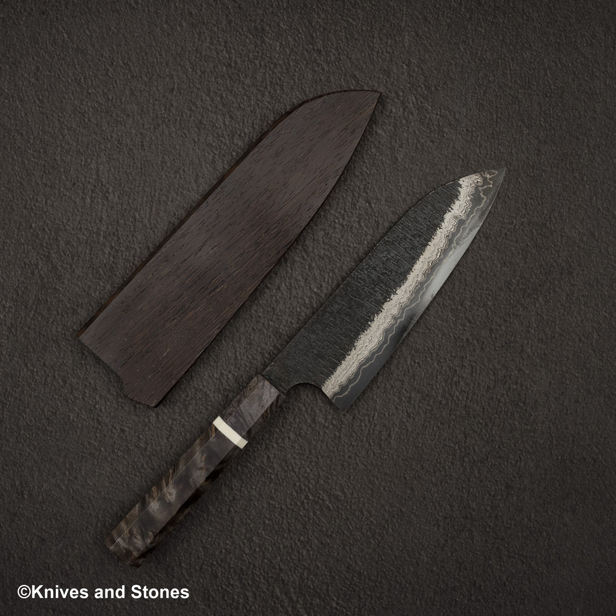 Hatsukokoro Itadaki Blue2 & White2 Dual Core Damasccus Tsushime Santoku 180 mm with Saya