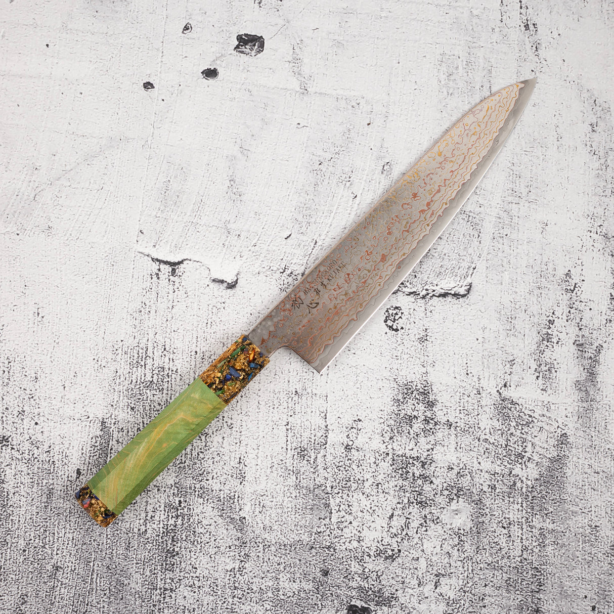 Hatsukokoro Kujaku V-Toku-2 Gyuto 210mm Rainbow Damascus Finish Green