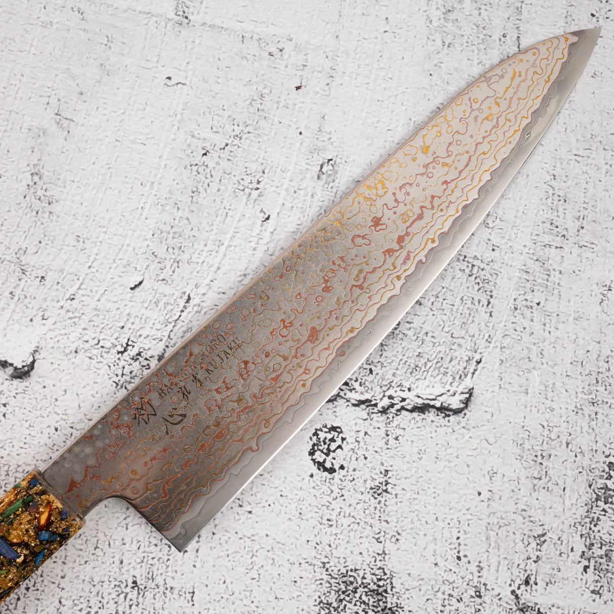 Hatsukokoro Kujaku V-Toku-2 Gyuto 210mm Rainbow Damascus Finish Green