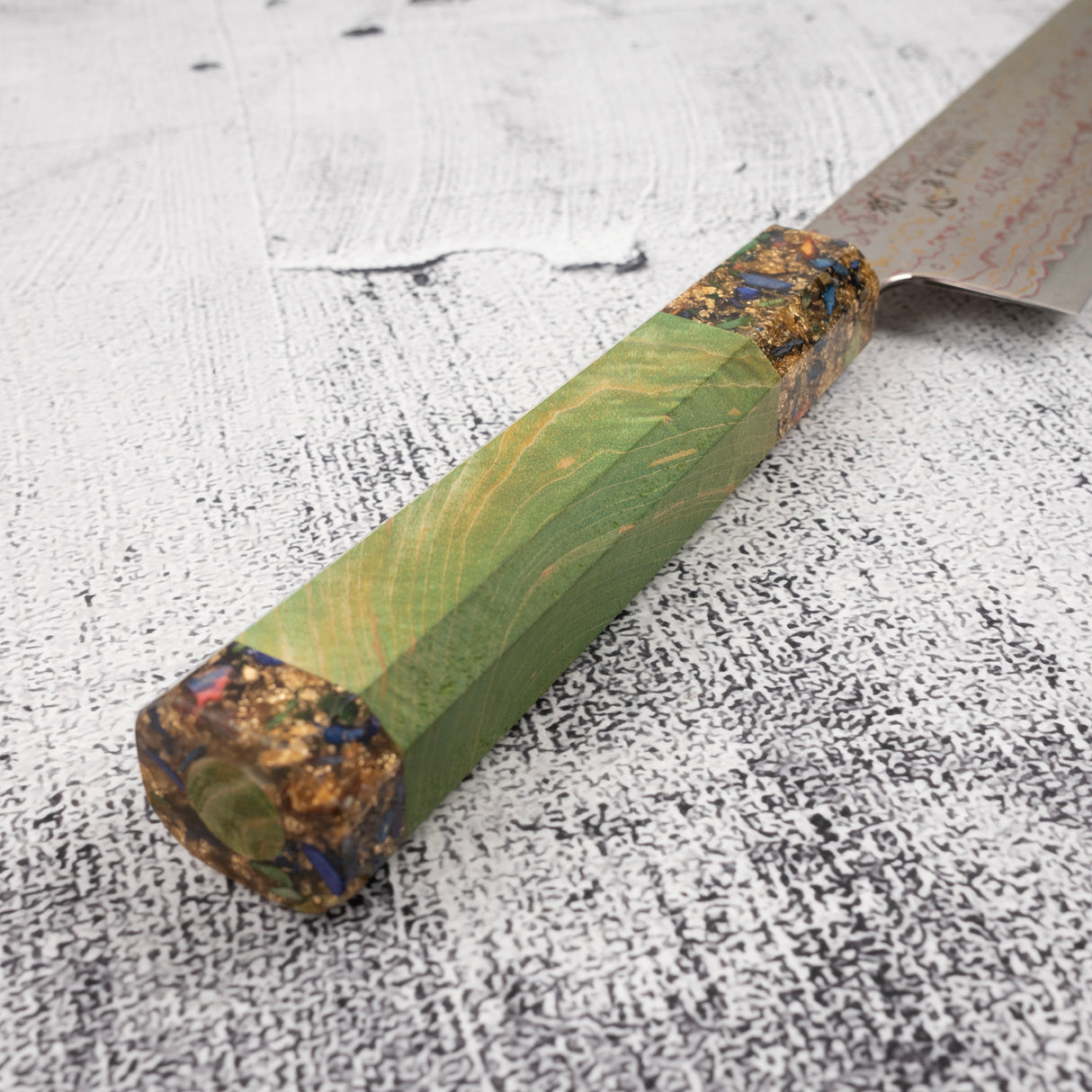 Hatsukokoro Kujaku V-Toku-2 Gyuto 210mm Rainbow Damascus Finish Green