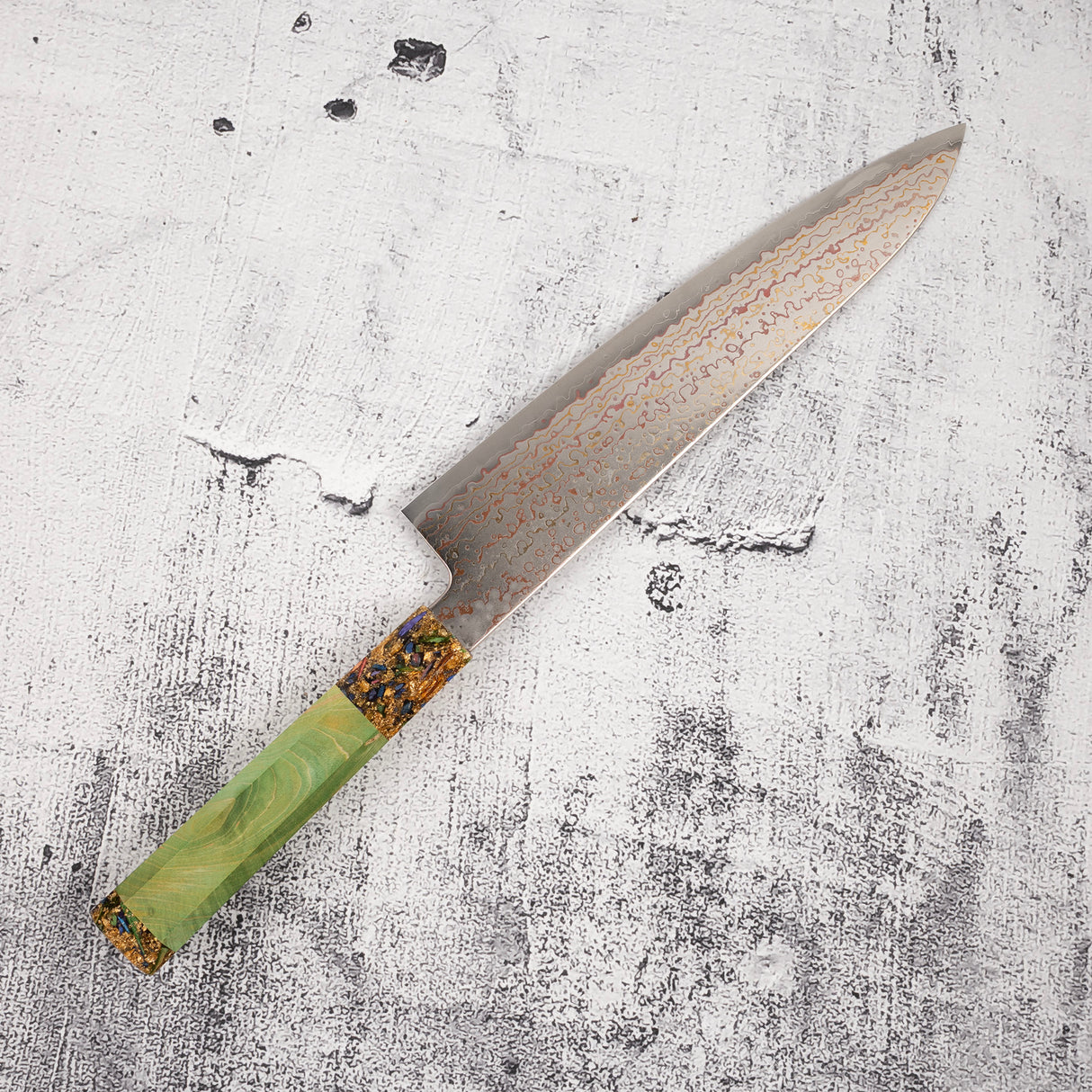Hatsukokoro Kujaku V-Toku-2 Gyuto 210mm Rainbow Damascus Finish Green
