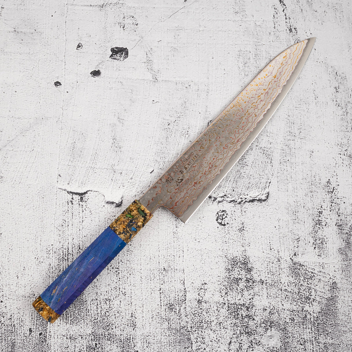 Hatsukokoro Kujaku V-Toku-2 Gyuto 210mm Rainbow Damascus Finish Purple