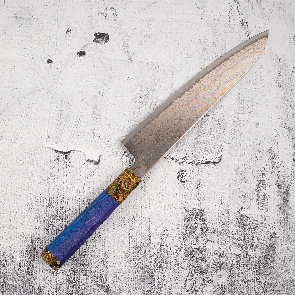 Hatsukokoro Kujaku V-Toku-2 Gyuto 210mm Rainbow Damascus Finish Purple