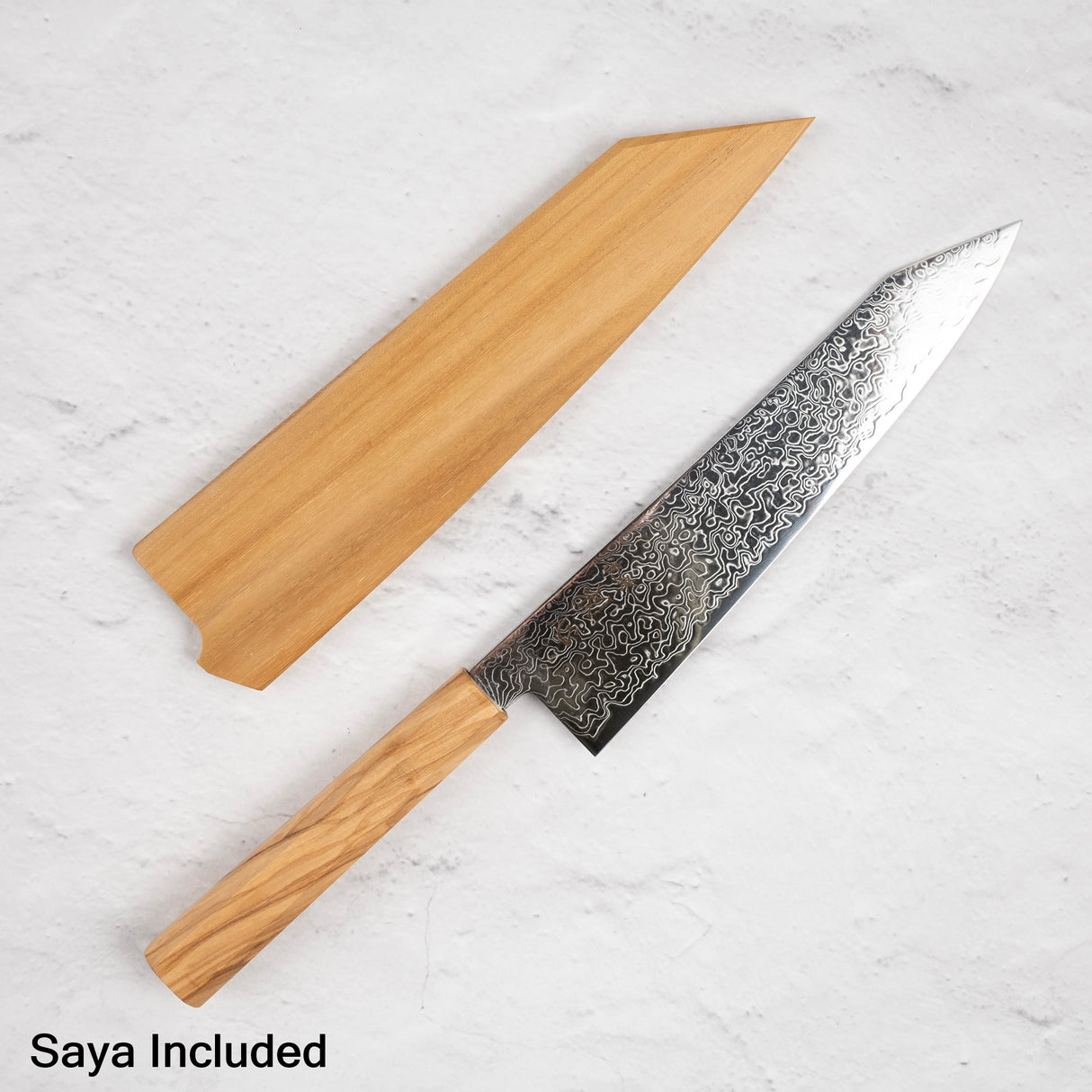 Hatsukokoro Ryuhyo SG2 Damascus K tip Gyuto 210mm Saya Included, Olivewood Handle