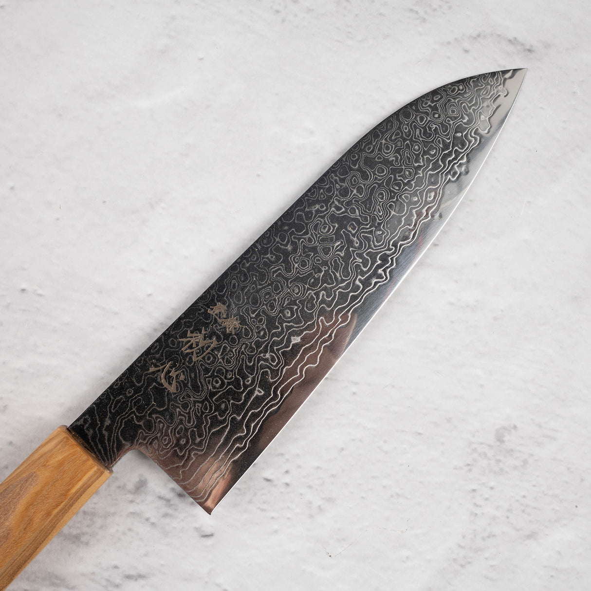 Hatsukokoro Ryuhyo SG2 Damascus Santoku 180mm Saya Included, Olivewood Handle