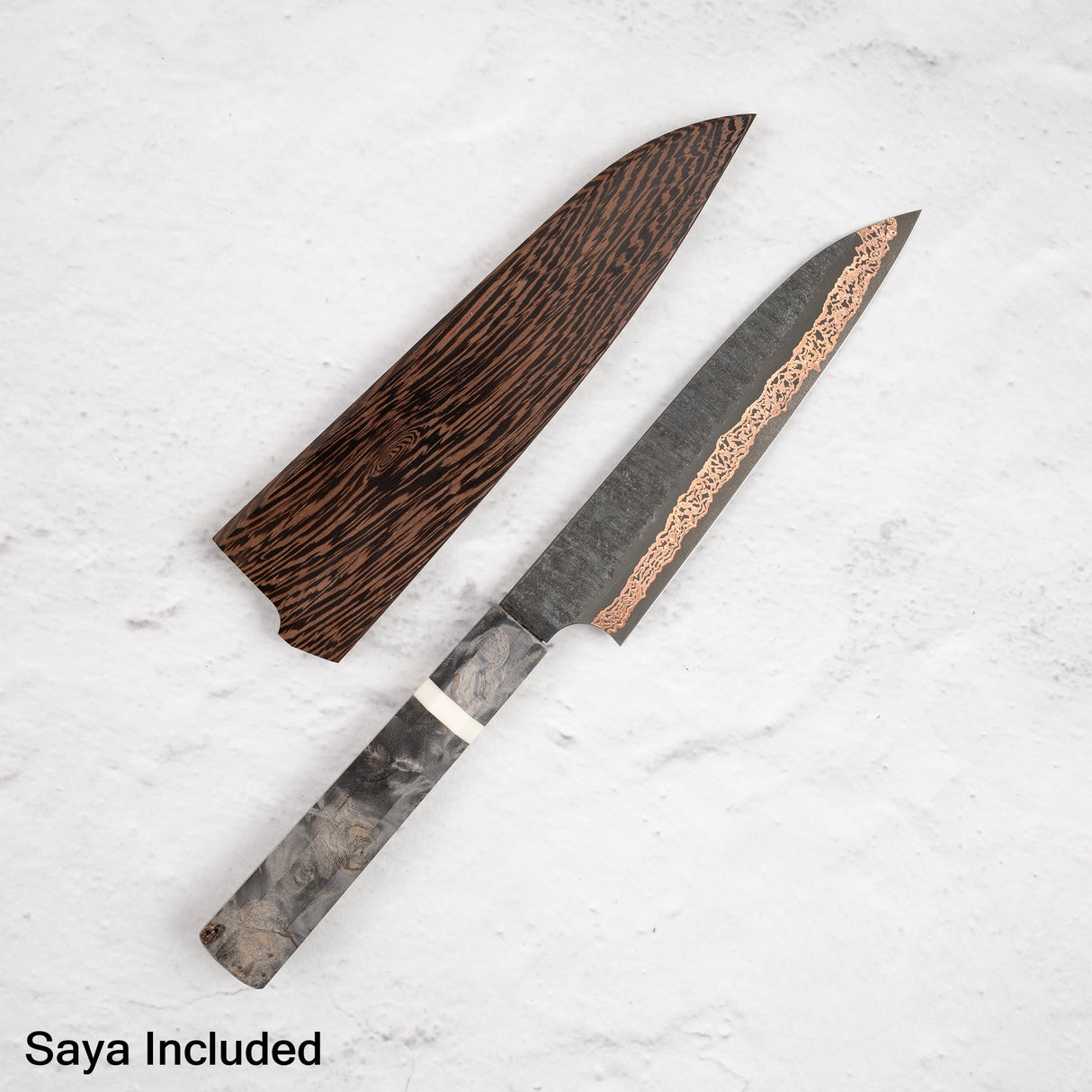 Hatsukokoro x Nigara Yorokobi SLD Copper Tsuchime Damascus Petty 150mm with Saya