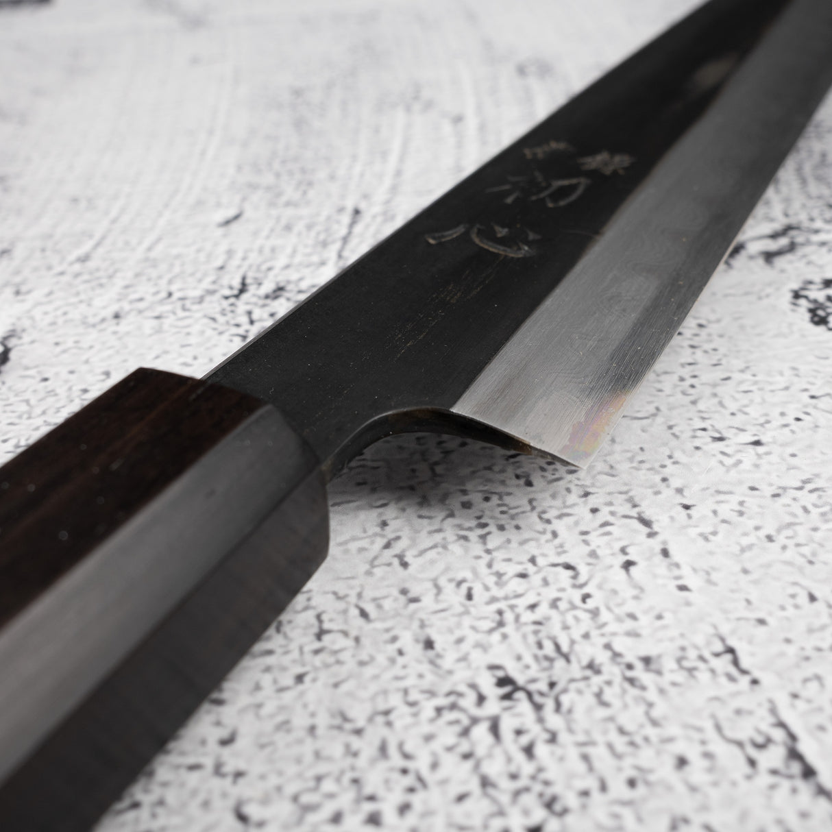 Nakagawa Blue 1 KU Damascus Sujihiki 240mm Etched Black Ebony by Hatsukokoro