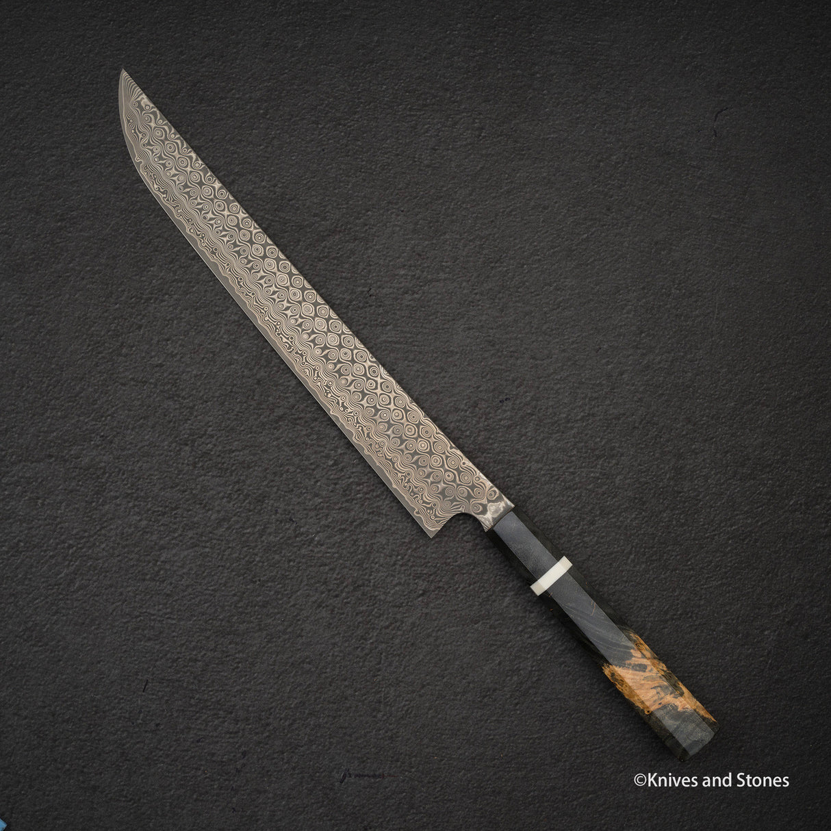 Nigara Anmon SG2 Raindrop Damascus Sakimaru Sujihiki 300mm