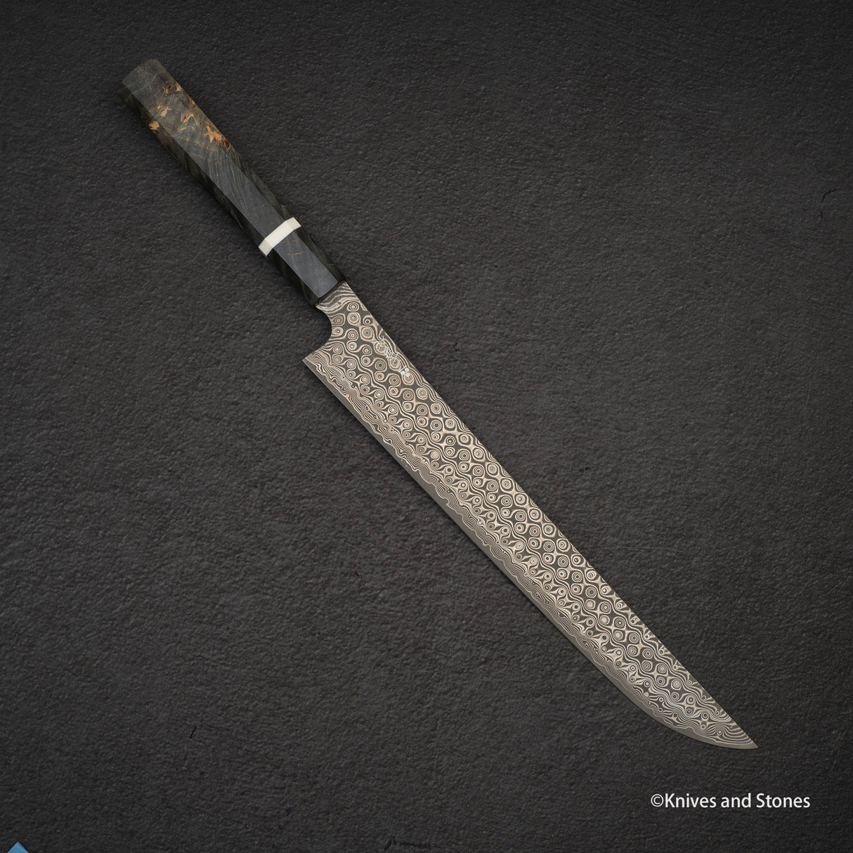 Nigara Anmon SG2 Raindrop Damascus Sakimaru Sujihiki 300mm