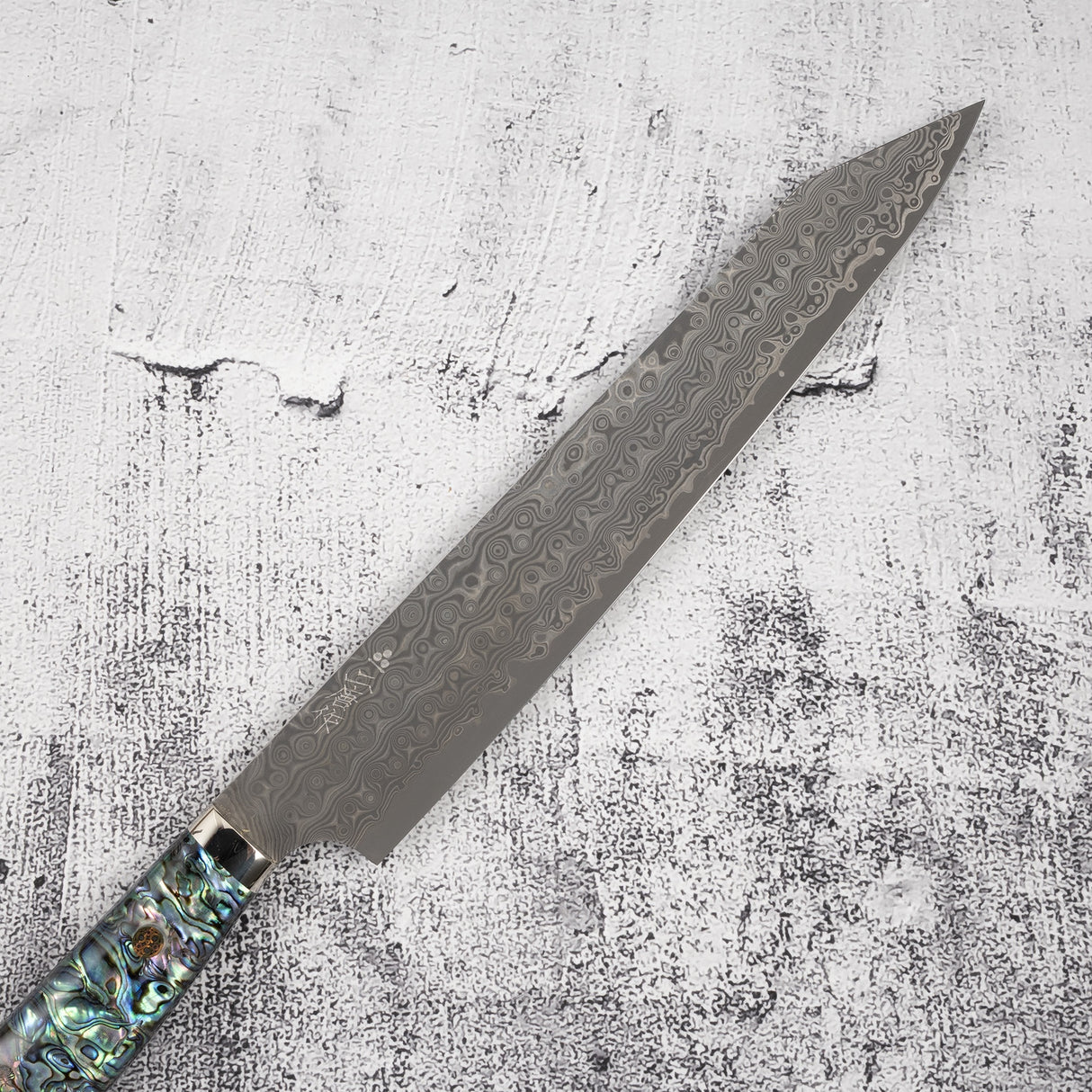 Nigara Anmon (暗紋) SG2 Raindrop Damascus K-tip Sujihiki 240mm Mother-of-peral Western