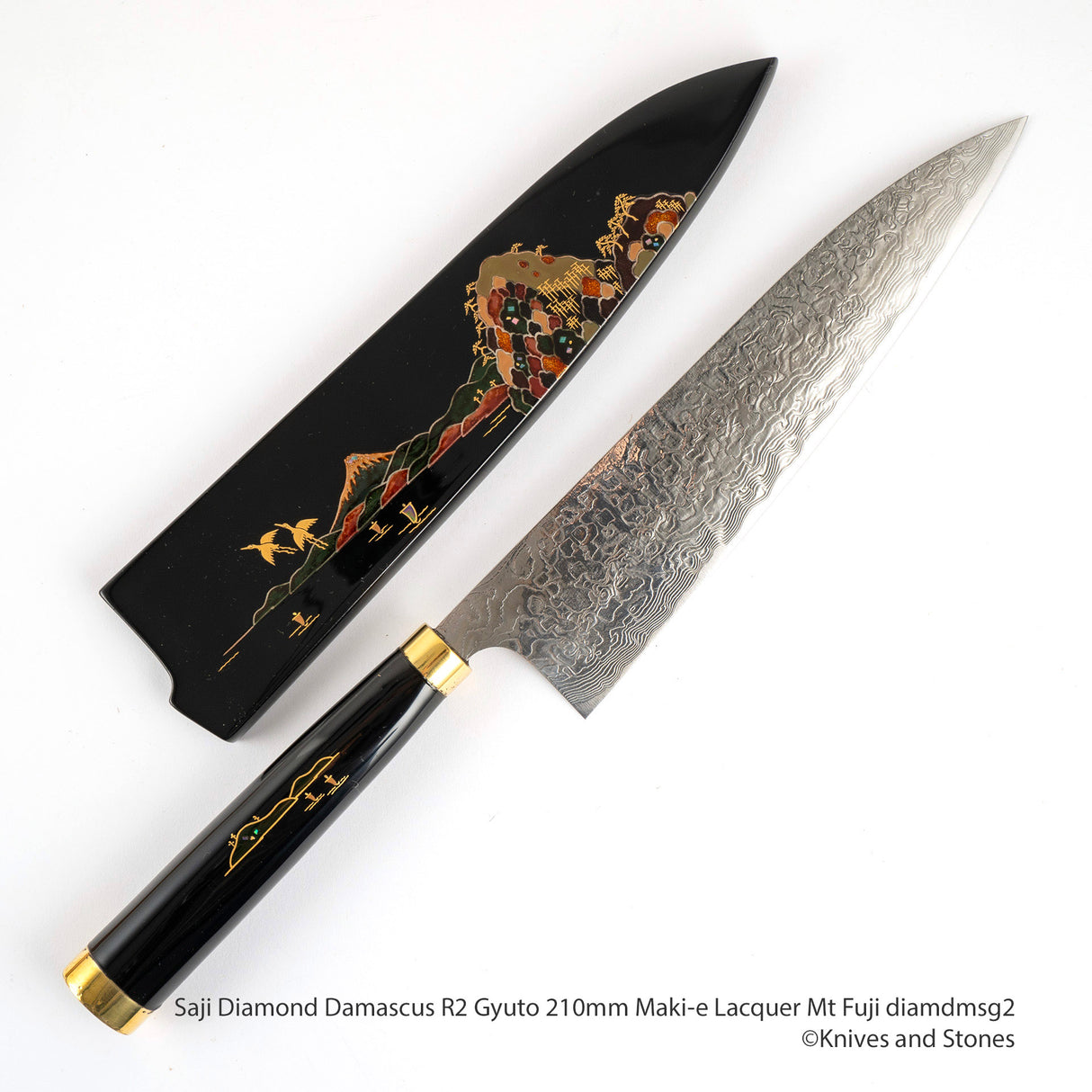Saji R2 Diamond Damascus Gyuto 210mm, Mt Fuji Maki-e Lacquered Saya and Handle Set