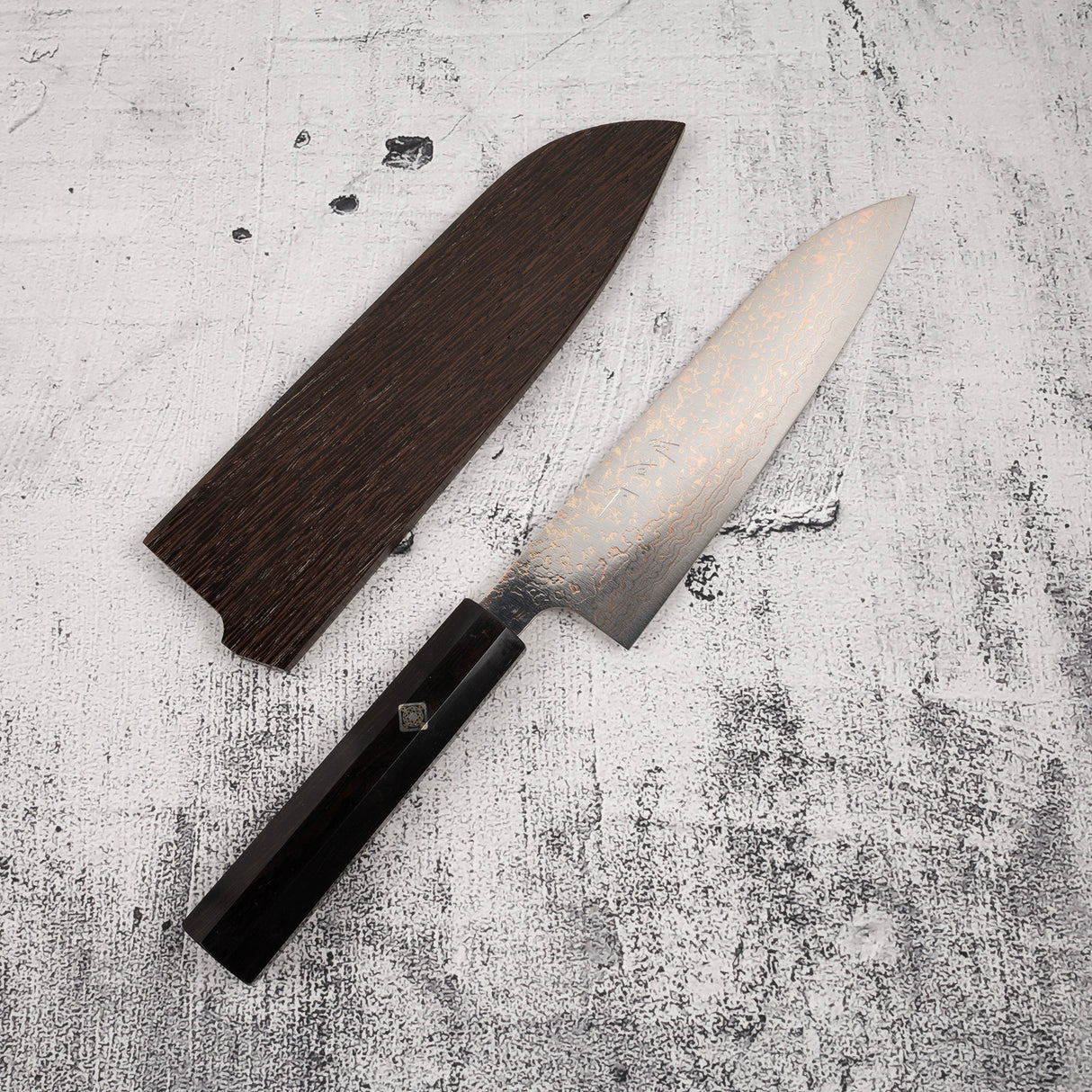 Takeshi Saji VG10 Rainbow Damascus Gyuto 180mm Ebony Handle Mosaic Pin