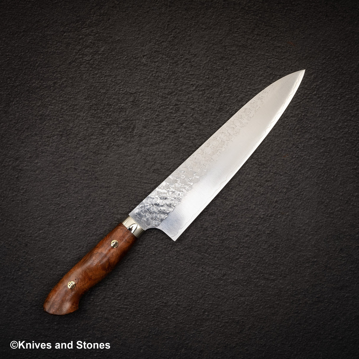 Yoshimi Kato SG2 Minamo Gyuto 210mm Amboyna Burl Western, Shikakkei Tsuchime