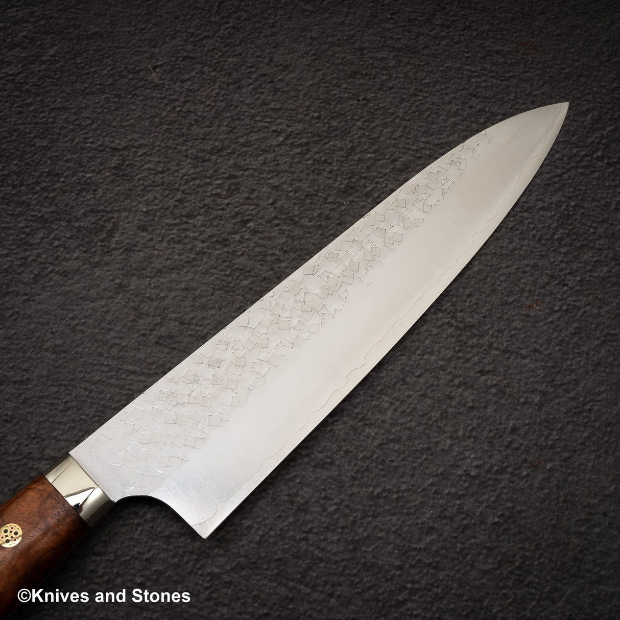 Yoshimi Kato SG2 Minamo Gyuto 210mm Amboyna Burl Western, Shikakkei Tsuchime