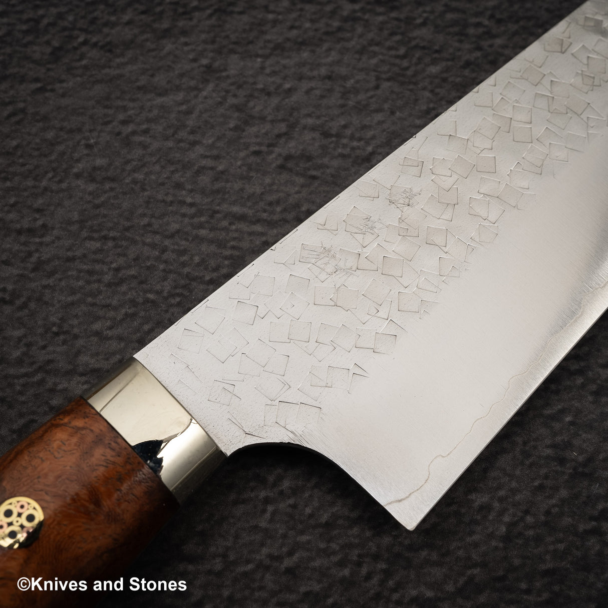 Yoshimi Kato SG2 Minamo Gyuto 210mm Amboyna Burl Western, Shikakkei Tsuchime