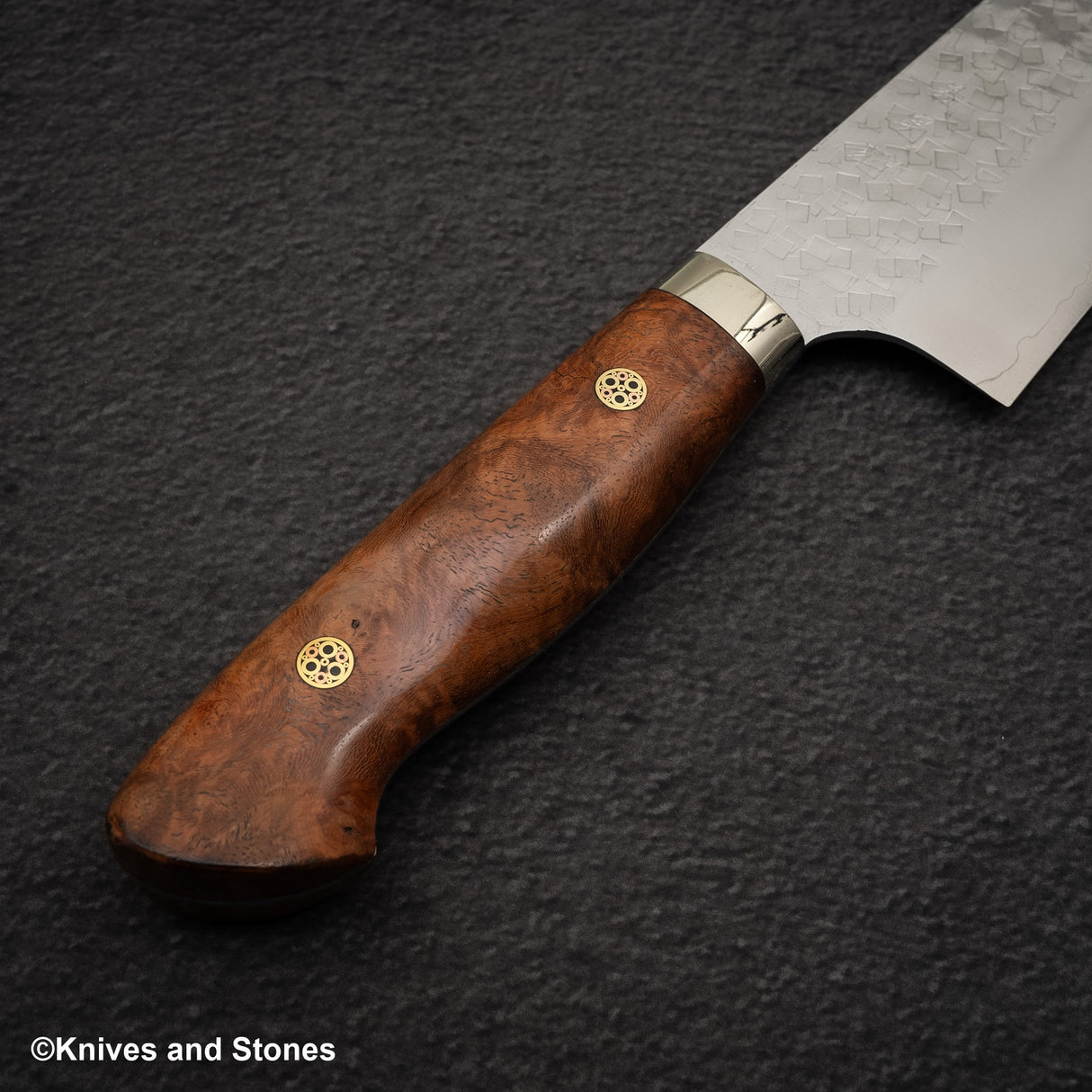 Yoshimi Kato SG2 Minamo Gyuto 210mm Amboyna Burl Western, Shikakkei Tsuchime