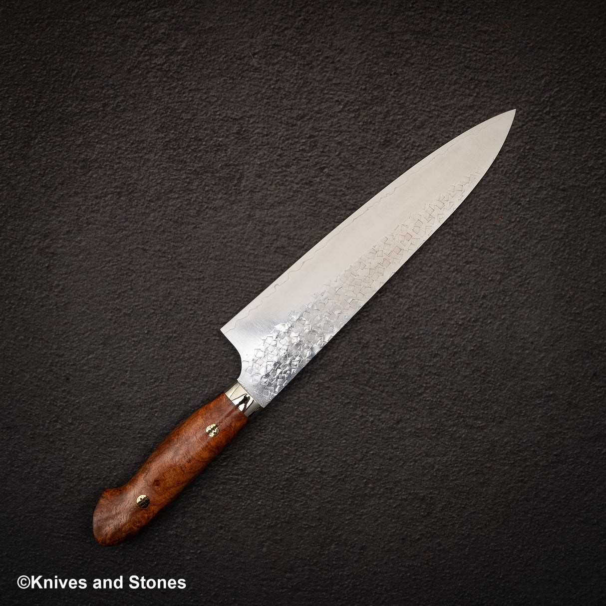 Yoshimi Kato SG2 Minamo Gyuto 210mm Amboyna Burl Western, Shikakkei Tsuchime