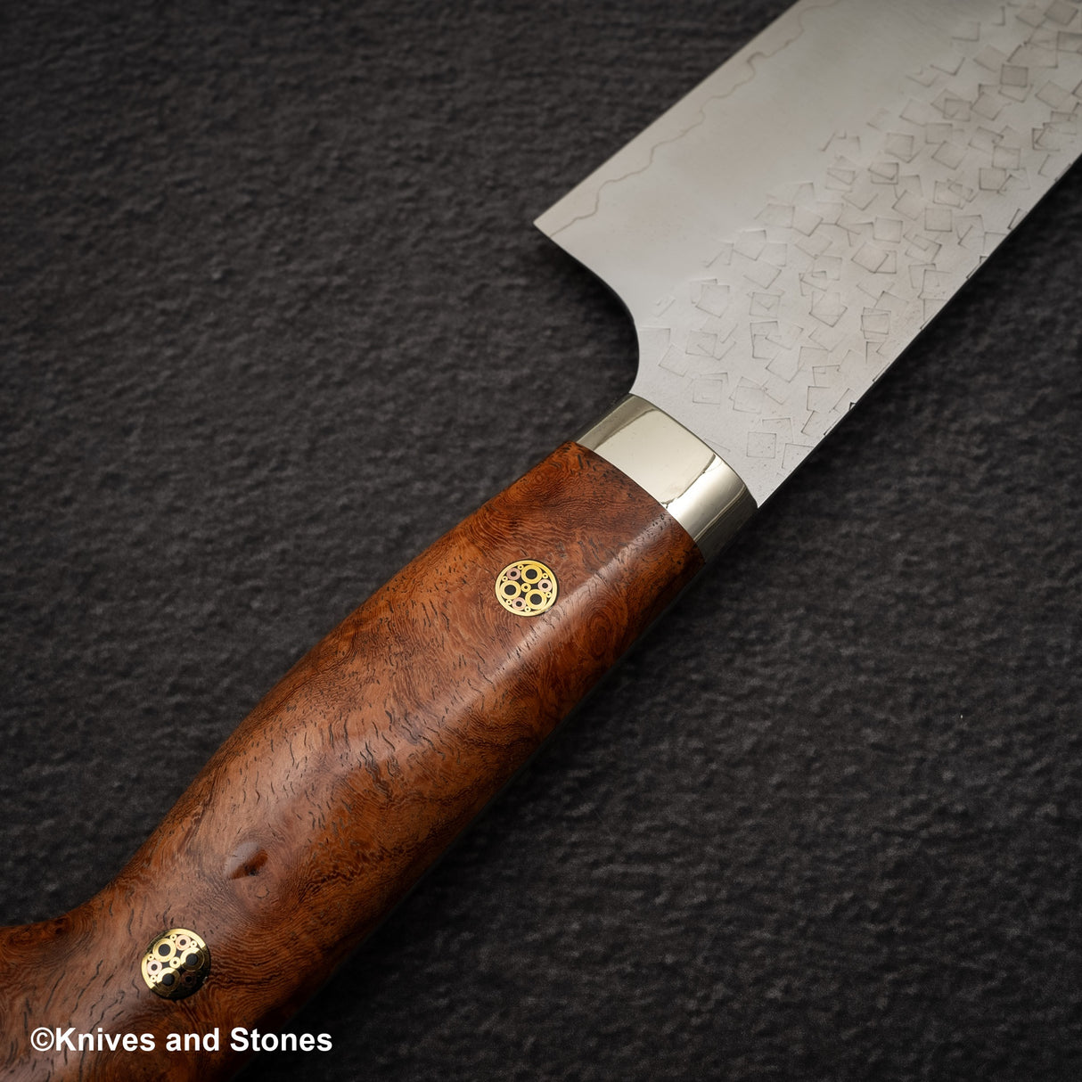 Yoshimi Kato SG2 Minamo Gyuto 210mm Amboyna Burl Western, Shikakkei Tsuchime