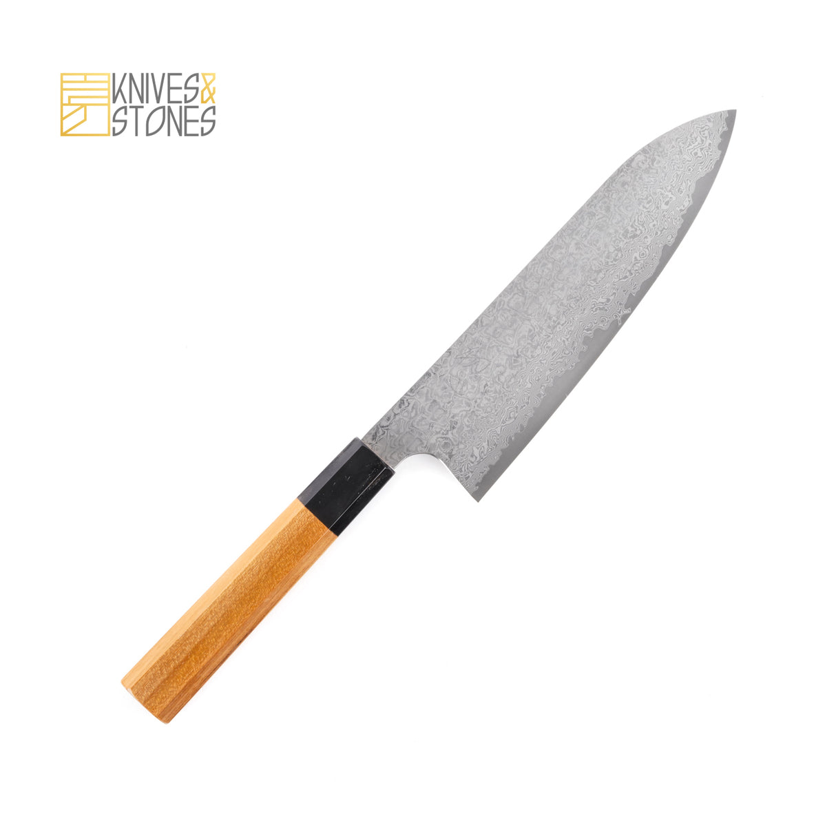 Hatsukokoro Ginsan 大馬士革土目三德 180mm 帶柚木手柄,由 Yoshihiro Yauji 設計