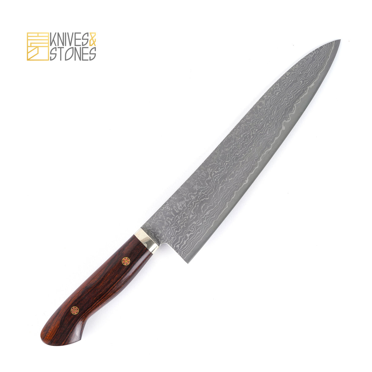 Tanaka R2 大馬士革牛刀 240 毫米,配有鐵木西部手柄和 K&S 雞翅木刀鞘