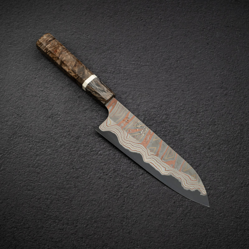 Hatsukokoro x Nigara Irodori Blue 2 Rainbow Damascus Santoku 180mm