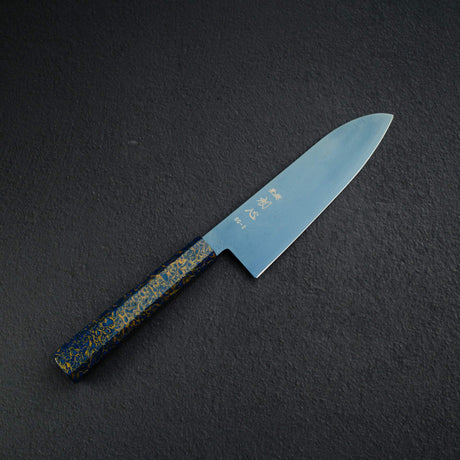 初心流冰SG2大馬士革藍色Santoku 180mm，配有漆器手柄