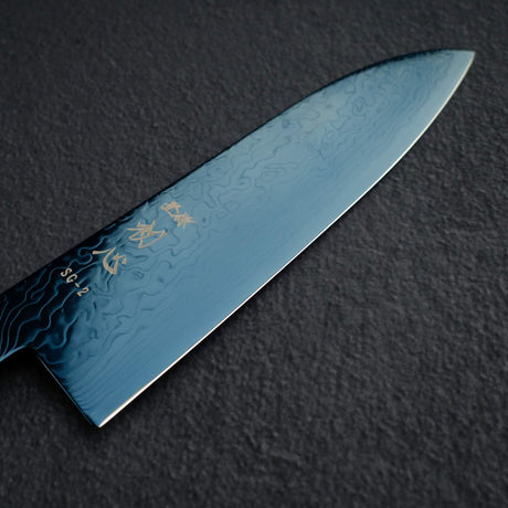 初心流冰SG2大馬士革藍色Santoku 180mm，配有漆器手柄