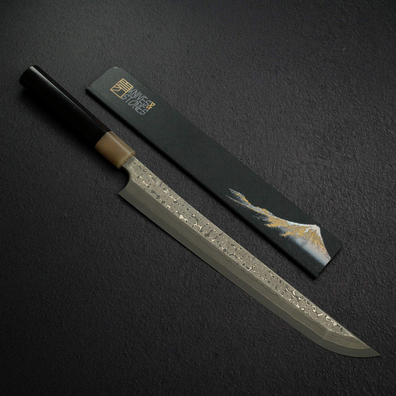 二唐刃物 初心 銀三鋼 大馬士革 先丸 蛸引 300 mm 心形刀柄