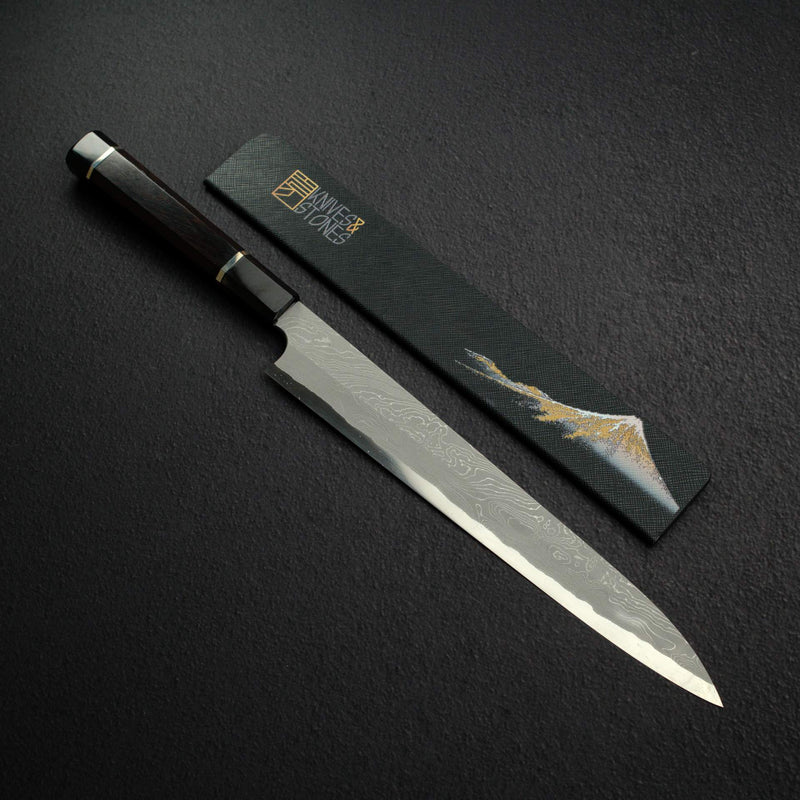 二唐 安門 青鋼二號「捻」扭紋大馬士革柳刃 270mm