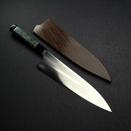 Mazaki Blue 1 Mizu-Honyaki Gyuto 240mm w/ Burl Handle Wenge Saya