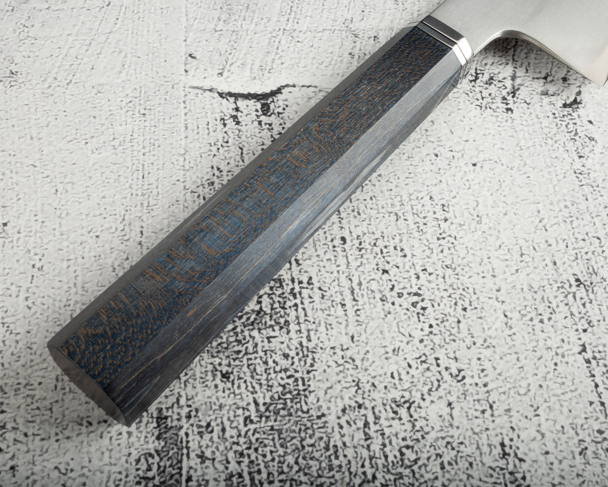 Stabilized Curly Maple Stainless OCTA WA handle mounted on knife