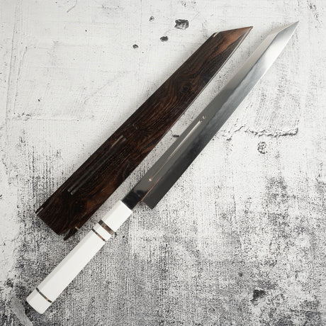 Exotic: Yoshikazu Ikeda Blue #1 Mizu-Honyaki K-tip Yanagiba 300mm / Moribashi Set