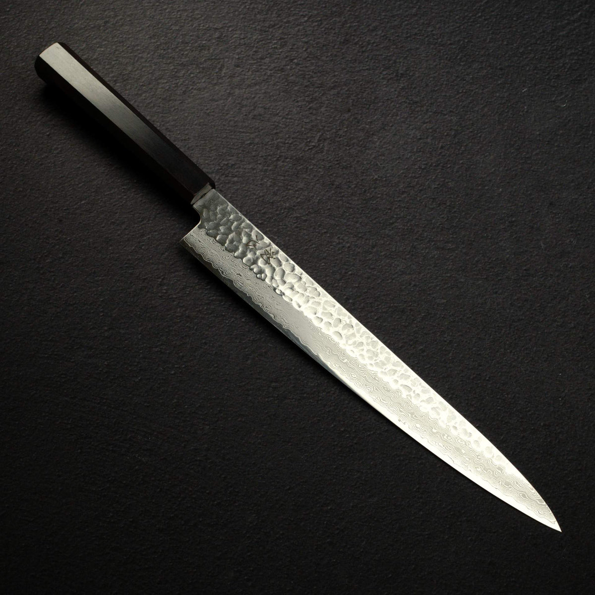 Hatsukokoro Hayabusa VG10 Damascus Tsuchime Sujihiki 270mm Ebony Handle