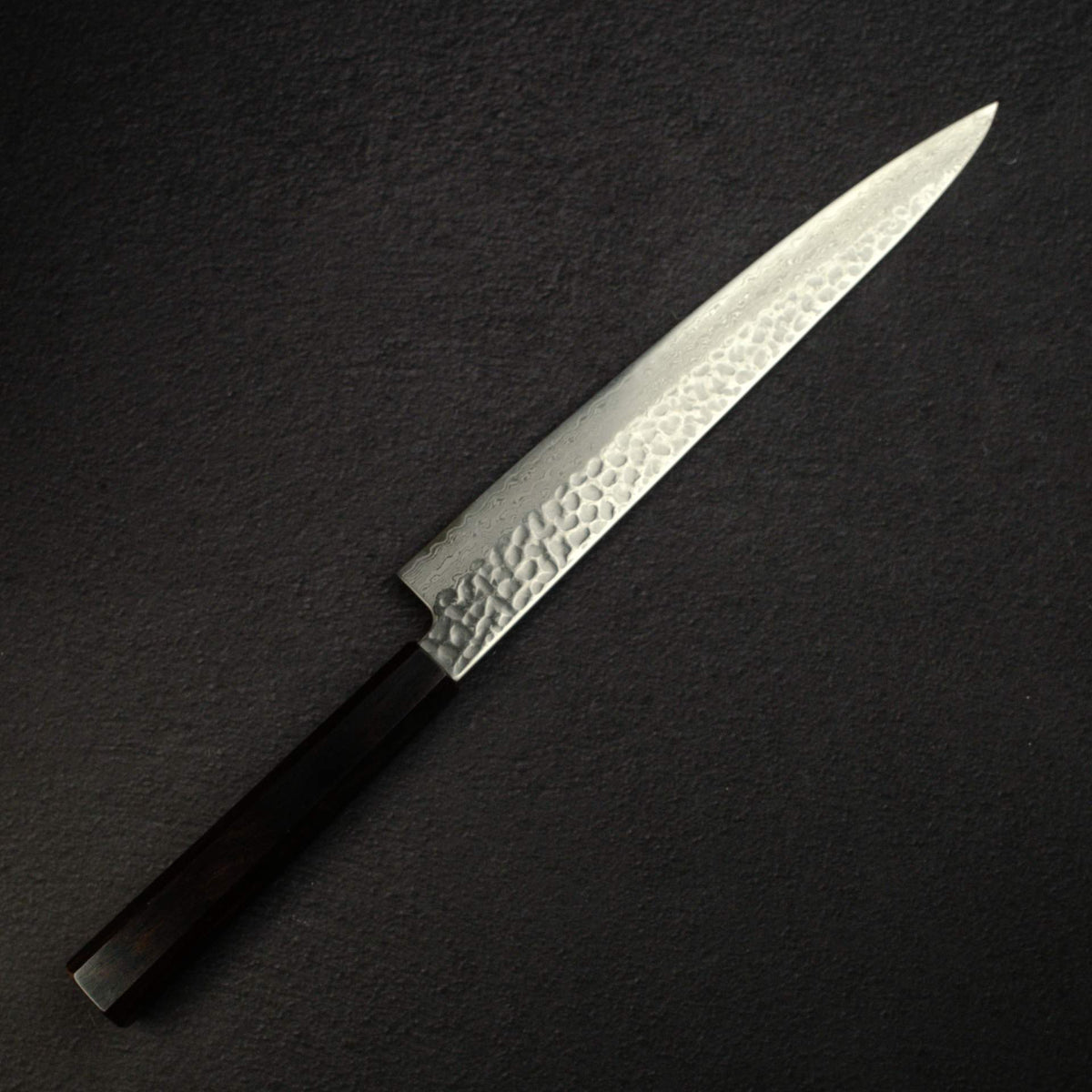 Hatsukokoro Hayabusa VG10 Damascus Tsuchime Sujihiki 270mm Ebony Handle