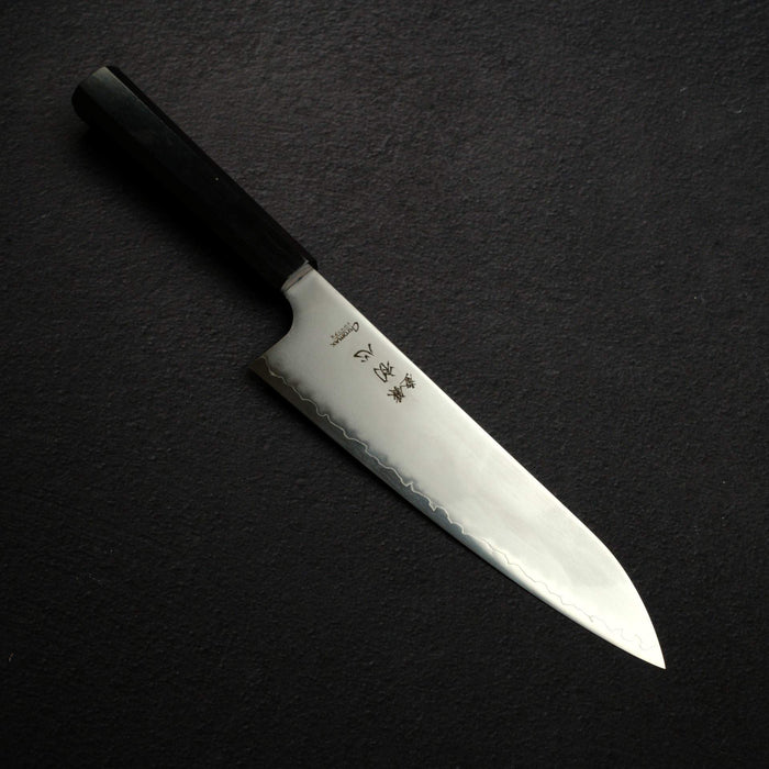 One line, two shapes: the Hatsukokoro Hayabusa Chromax santoku 170 mm and gyuto 210 mm. The santoku's spine drops to a low, rounded tip; the gyuto runs longer to a pointed tip. The photos are not to the same scale.