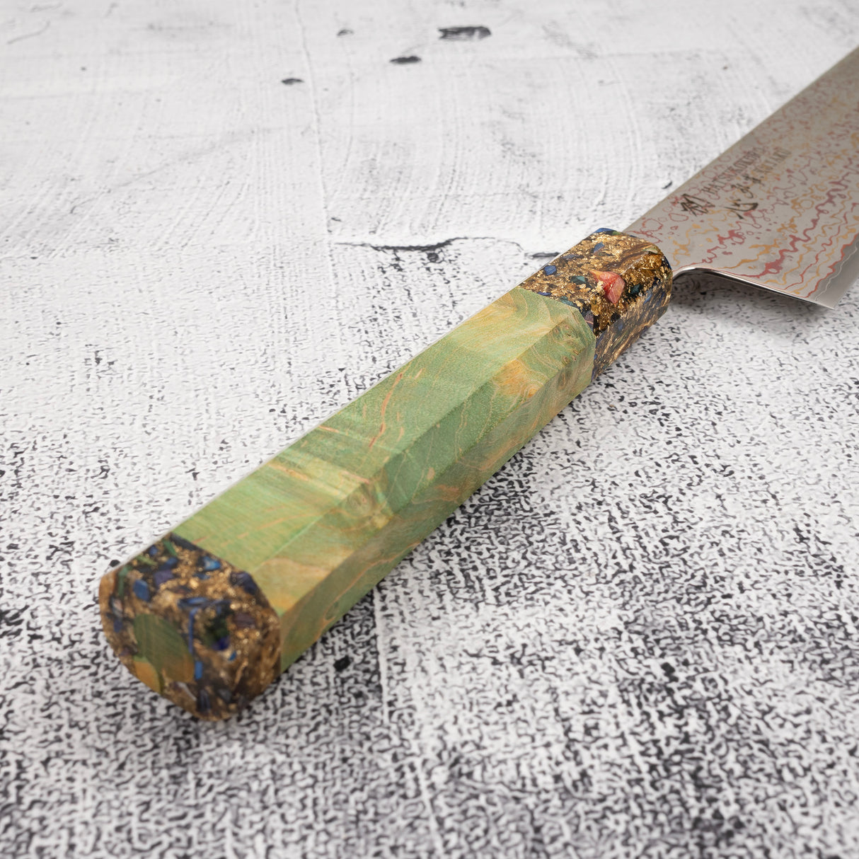 Hatsukokoro Kujaku V-Toku-2 Gyuto 240mm Rainbow Damascus Finish Green