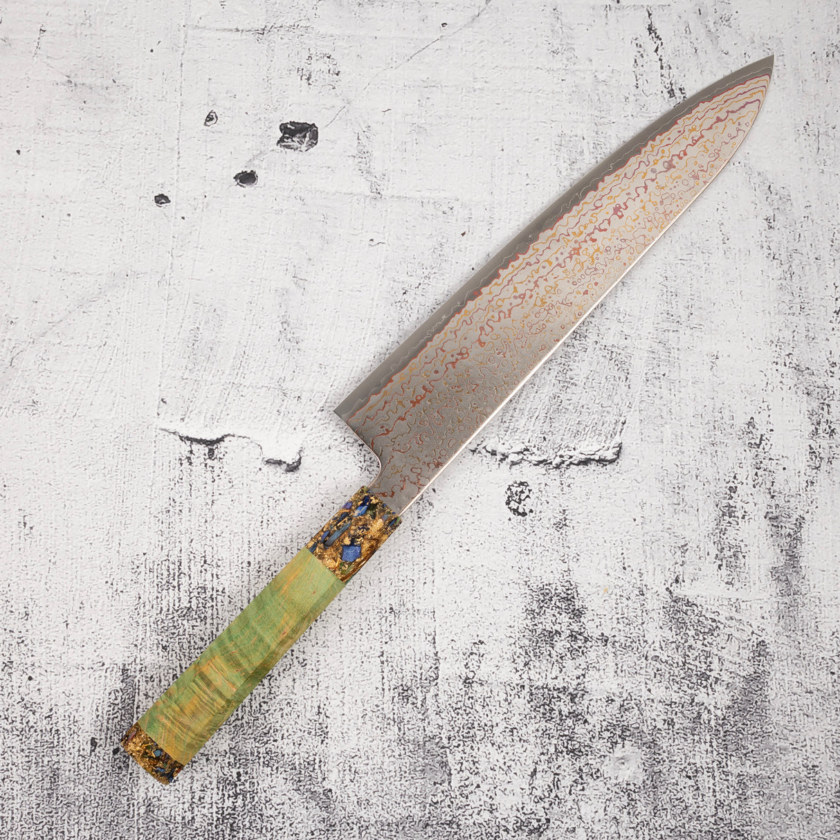 Hatsukokoro Kujaku V-Toku-2 Gyuto 240mm Rainbow Damascus Finish Green