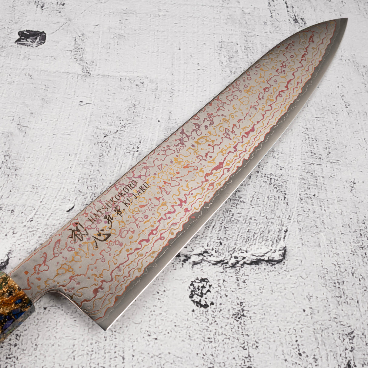 Hatsukokoro Kujaku V-Toku-2 Gyuto 240mm 彩虹大馬士革飾面