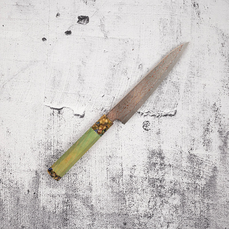 Hatsukokoro Kujaku V-Toku-2 Petty 150mm Rainbow Damascus Finish Green
