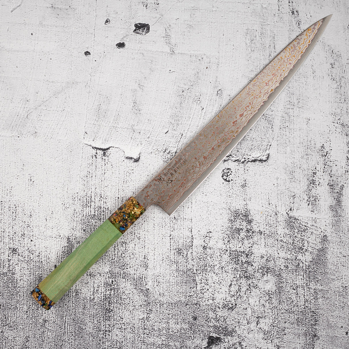 Hatsukokoro Kujaku V-Toku-2 Sujihiki 270mm Rainbow Damascus Finish Green