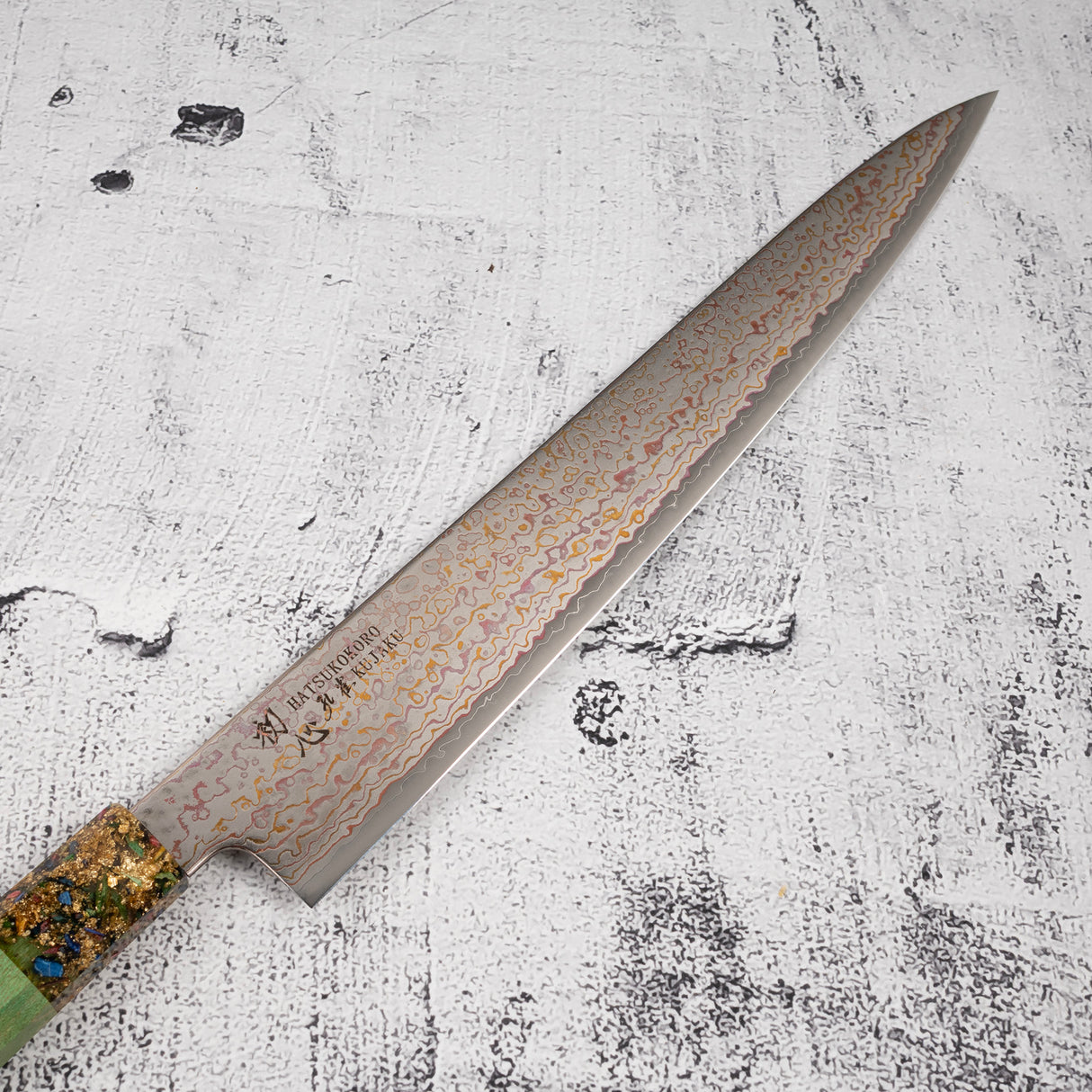 Hatsukokoro Kujaku V-Toku-2 Sujihiki 270mm Rainbow Damascus Finish Green