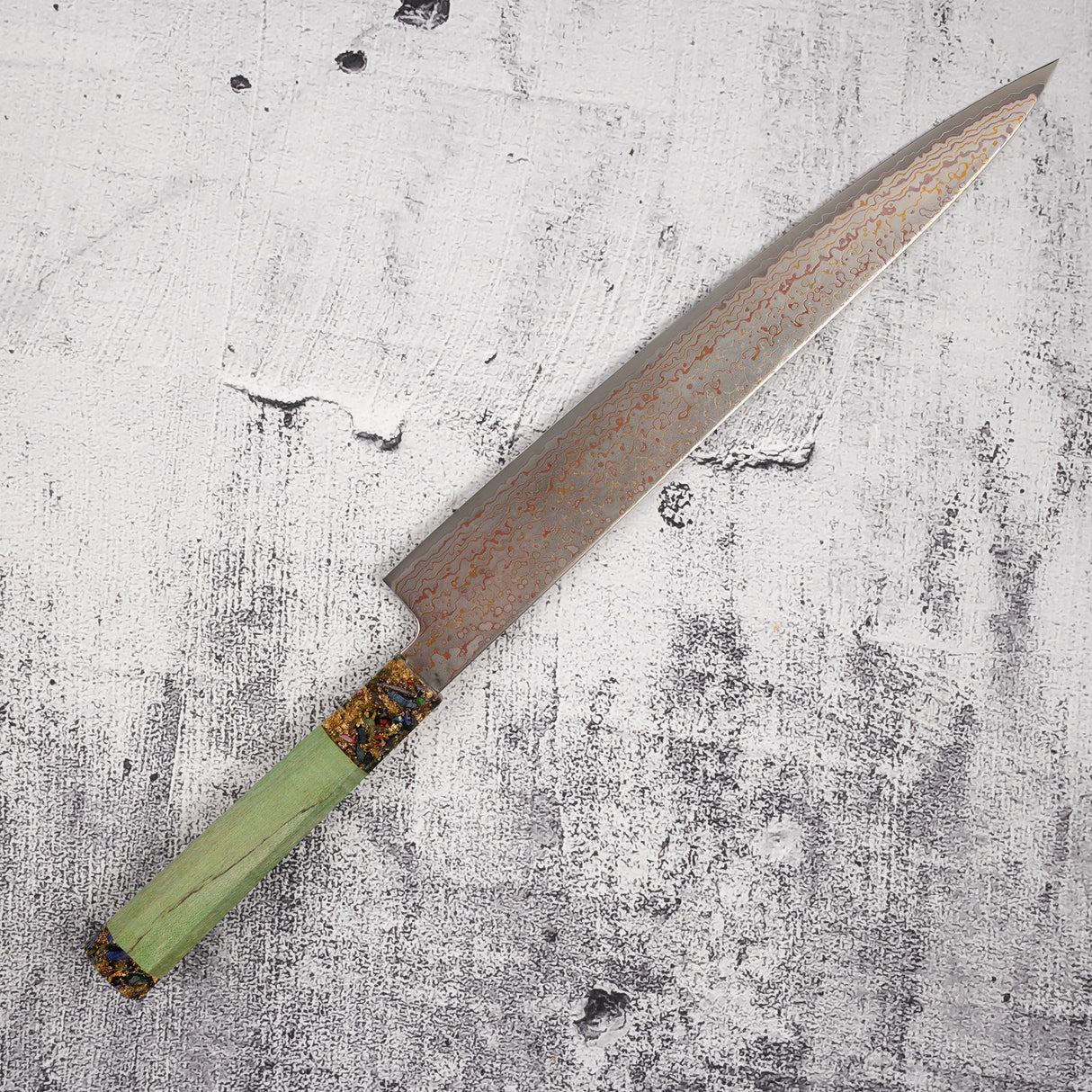 Hatsukokoro Kujaku V-Toku-2 Sujihiki 270mm Rainbow Damascus Finish Green