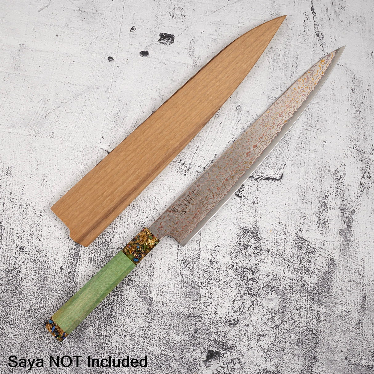 Hatsukokoro Kujaku V-Toku-2 Sujihiki 270mm Rainbow Damascus Finish Green