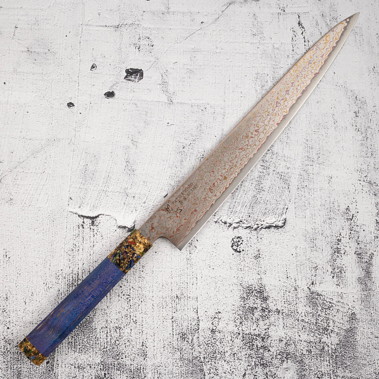 Hatsukokoro Kujaku V-Toku-2 Sujihiki 270mm Rainbow Damascus Finish