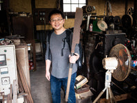 James holding a big knife Tanaka 2016 Visit